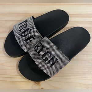 True Religion Women’s Meyer Rhinestone Bling Silver Black Slides Slippers 8 9 10